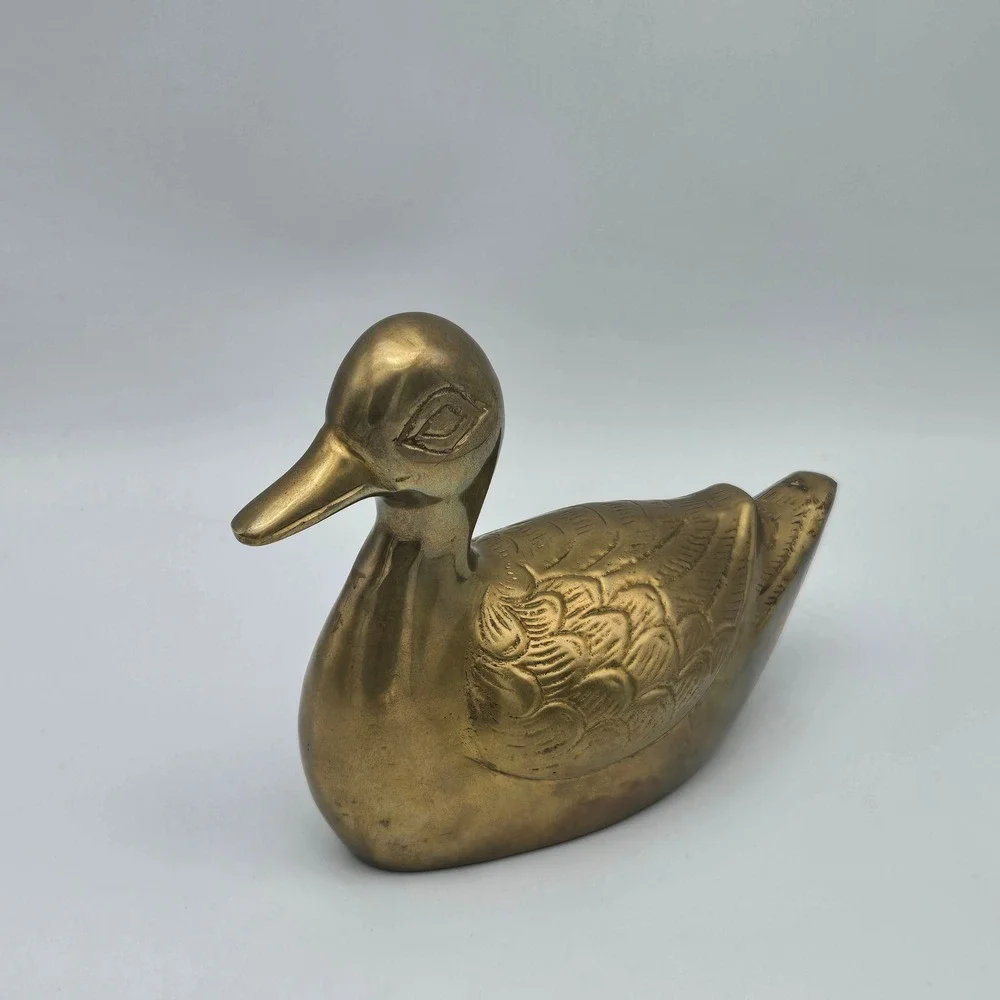Vintage Solid Brass Duck Figurine Sculpture Detailed Feathers Warm Patina 6.5